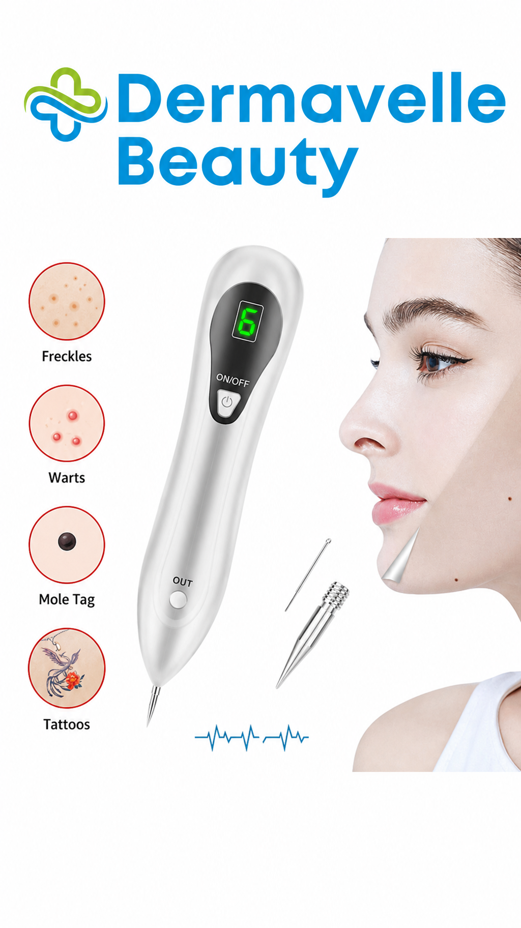Dermavelle Plasma Pen — At-Home Dark Spot & Skin Tag Remover | 6-Level Rechargeable Laser Beauty Pen